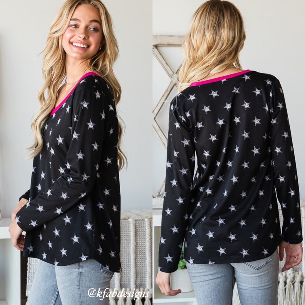 ❤️LAST 1! So Soft! V Neck Hot Pink Contrast Soft Faded Star Top! - Picture 7 of 12